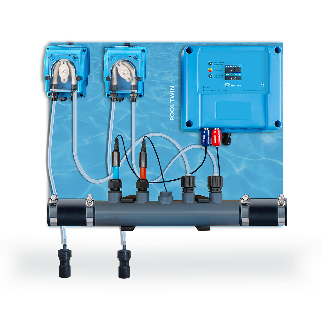 Dosing device for liquid pH and chlorine control - pre-assembled on plate for pool from 10 to 150m³