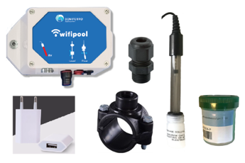 Wifipool module RX incl RX sonde Goud (zoutelektrolyse) + aanboorzadel 50mm/ 1/2 inch + sondewartel + calibratievloeistof + usb transfostekker 1x zelfbouwpakket