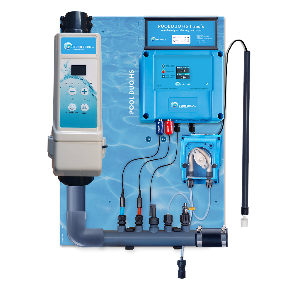 Chlorine generator HS pre-assembled on wall plate with pH and RX control
