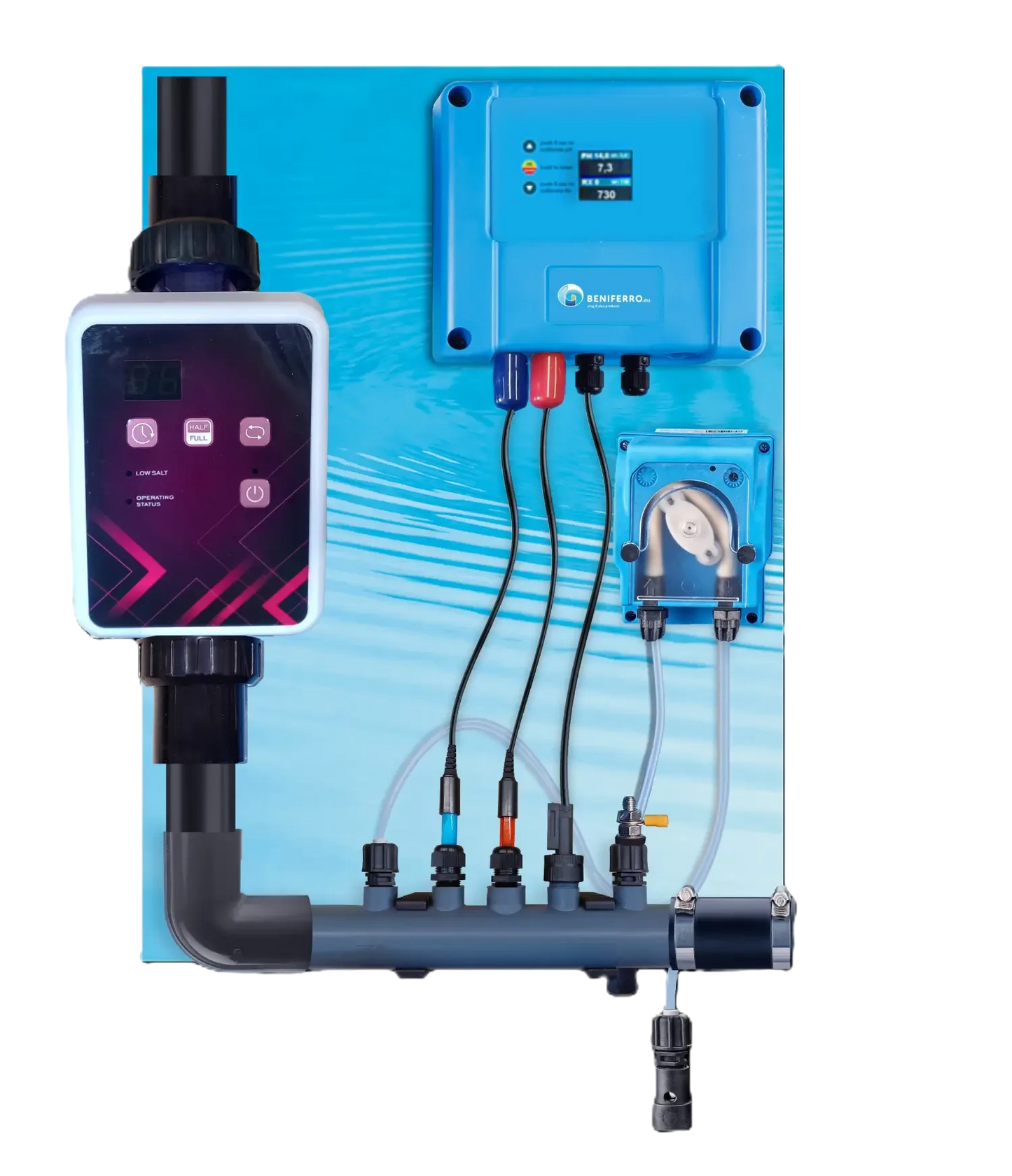 Pre-assembled SR salt electrolyzer with pH, RX-control - pools up to 150m³ - Wi-Fi | Display - Flow/Level control optional