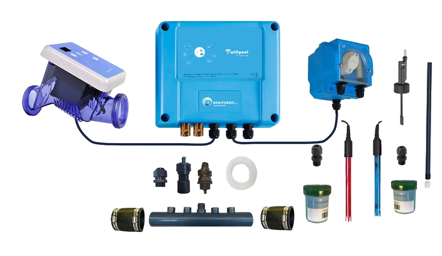 SR Salt electrolysis DIY kit with pH, ​​RX, and flow control - pool up to 150m³ - Wi-Fi | Display - Level control optional