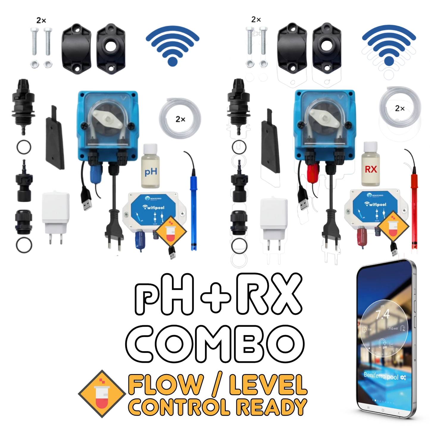 WiFiPOOL UNO pH + RX dosing pumps - complete installation kit - pool up to 150m³