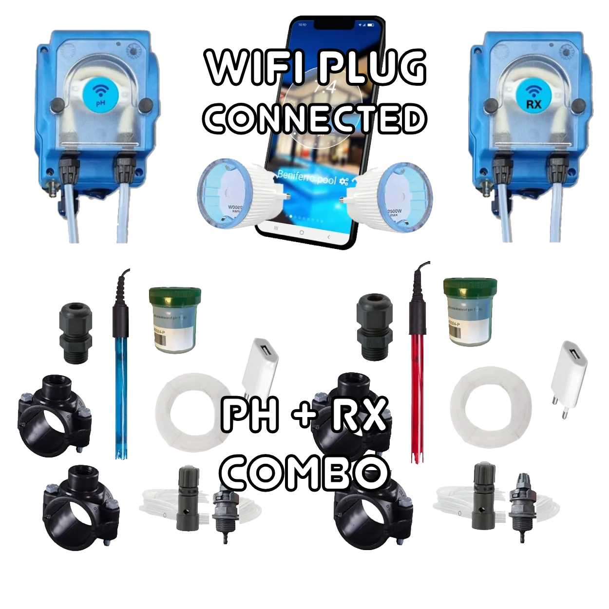 WiFiPOOL UNO-P pH + RX doseerpompen - complete installatiekit - zwembad tot 150m³