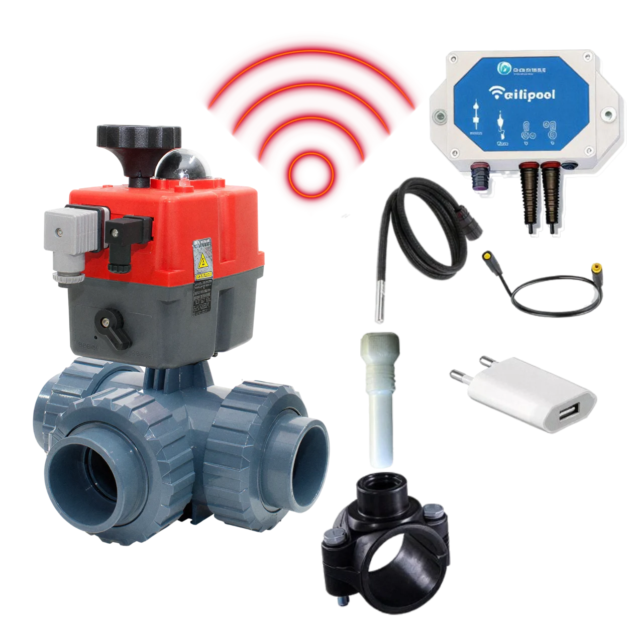 WIFI automatic 3-way valve 50 mm, L bore, with TLF temperature control module and temperature sensors (1 & 3 m) - HIDRO plug & play DIY kit