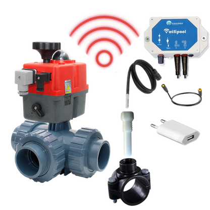 WIFI automatic 3-way valve 50 mm, L bore, with TLF temperature control module and temperature sensors (1 & 3 m) - HIDRO plug & play DIY kit