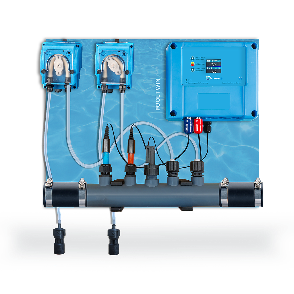 Dosing device for liquid pH and chlorine control - pre-assembled on plate  for pool from 10 to 150m³