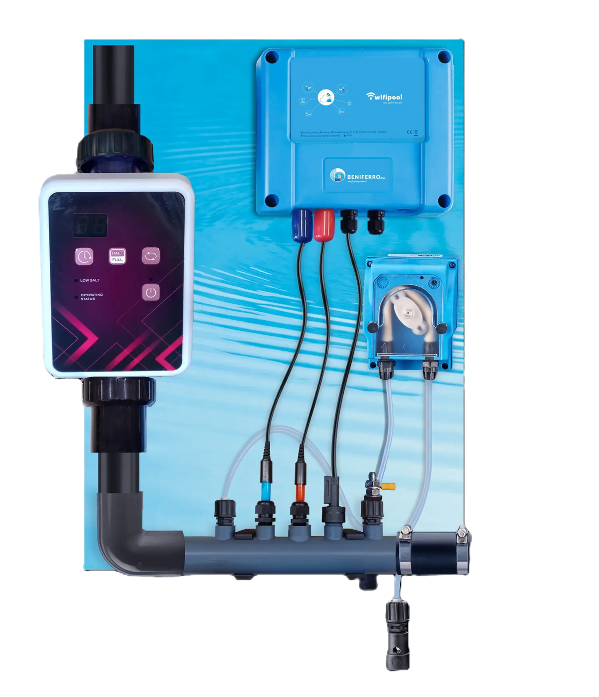 Pre-assembled SR salt electrolyzer with pH, ​​RX-control  - pools up to 150m³ - Wi-Fi | Display - Flow/Level control optional