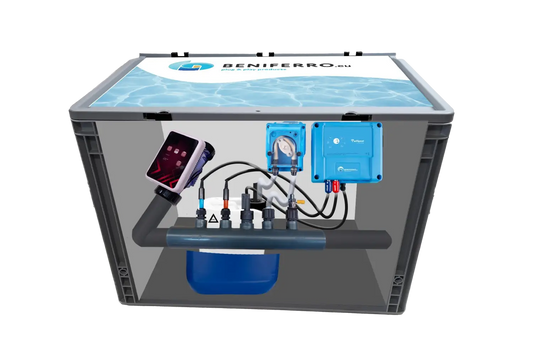 Salt electrolysis SR assembled in a box with pH, ​​RX, and flow control - pool up to 150m³ - Wi-Fi | Display - Level control optional
