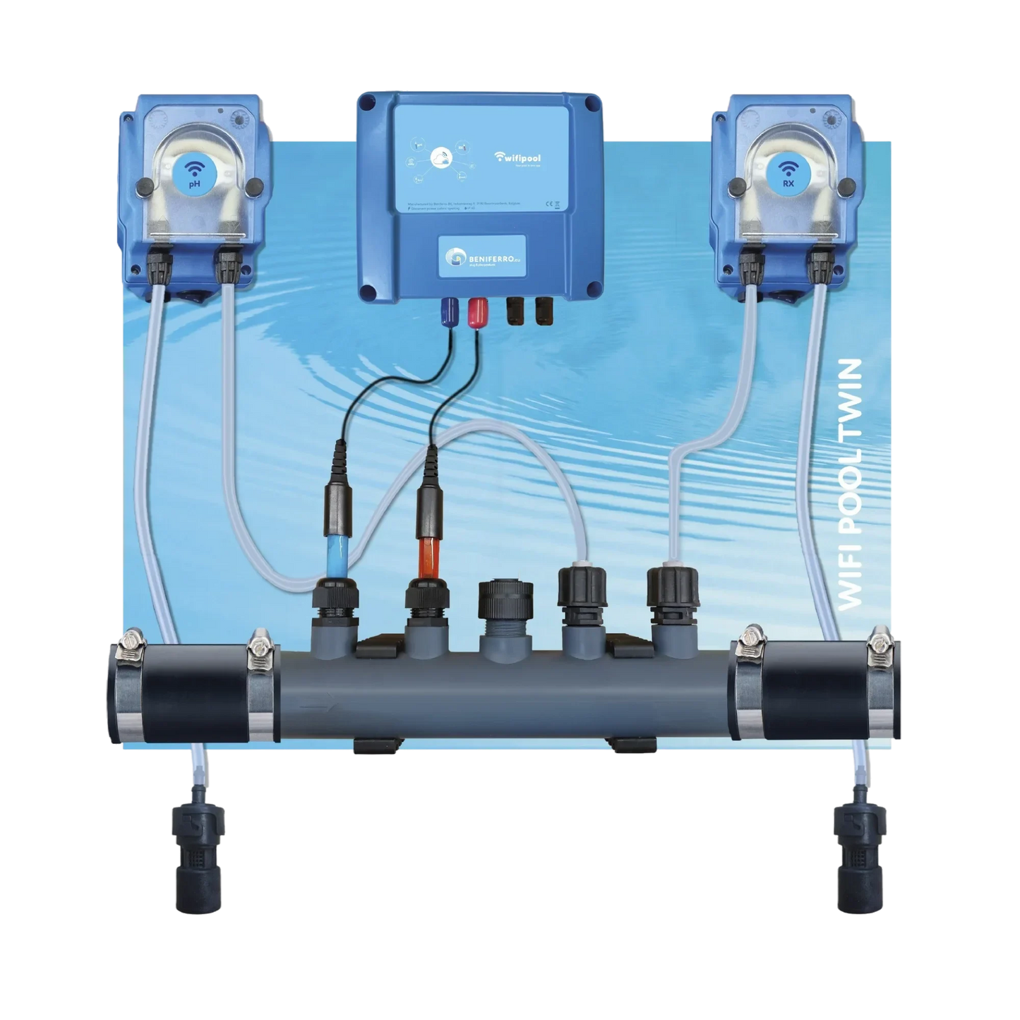 Dosing device for liquid pH and chlorine control - pre-assembled on plate  for pool from 10 to 150m³