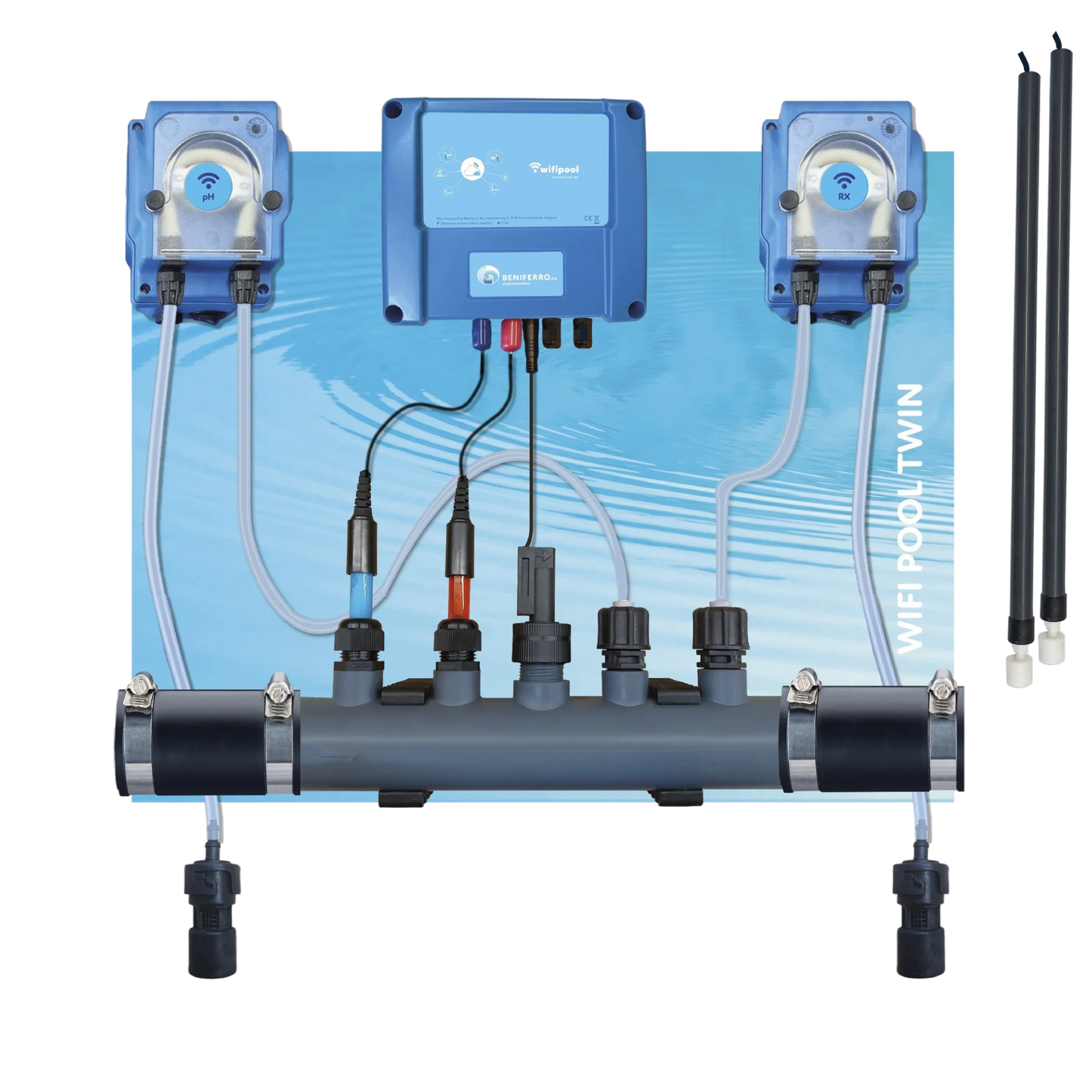 Dosing device for liquid pH and chlorine control - pre-assembled on plate  for pool from 10 to 150m³