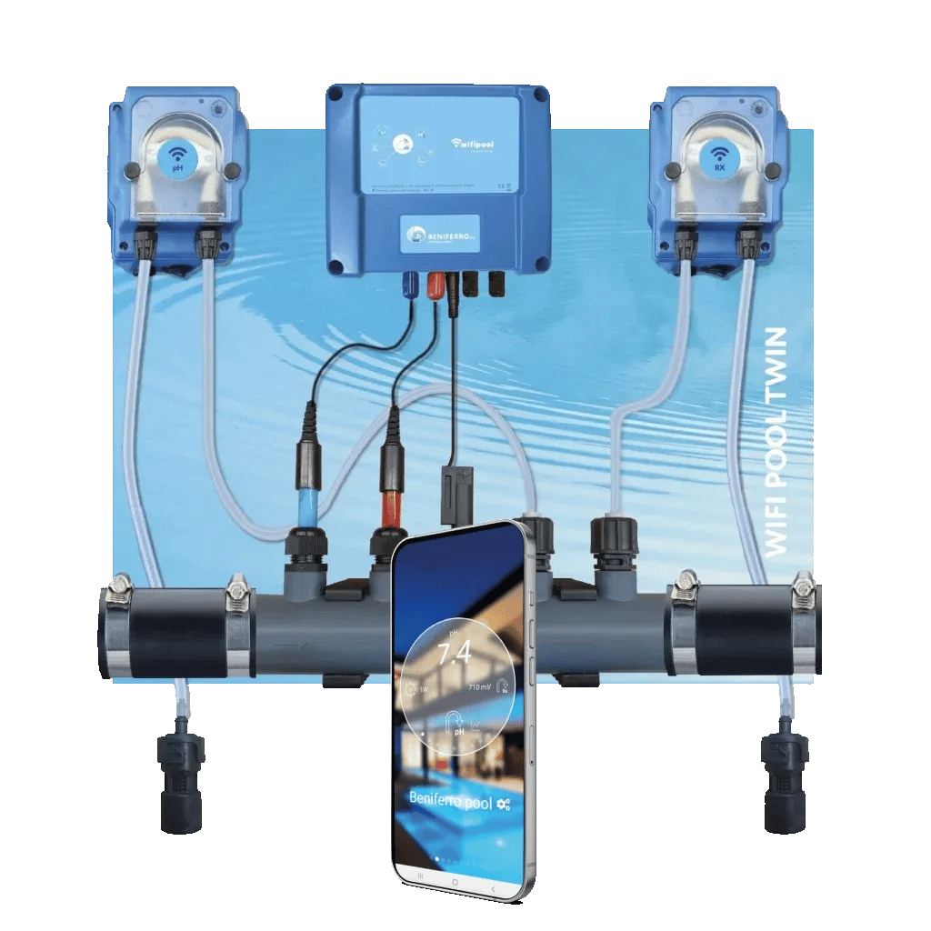 Dosing device for liquid pH and chlorine control - pre-assembled on plate  for pool from 10 to 150m³