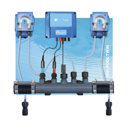 Dosing device for liquid pH and chlorine control - pre-assembled on plate  for pool from 10 to 150m³